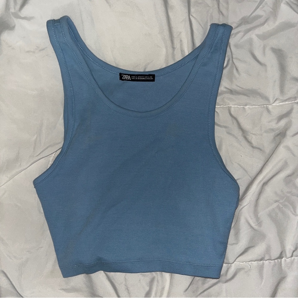 Zara Light Blue Cropped Ribbed Tank Top